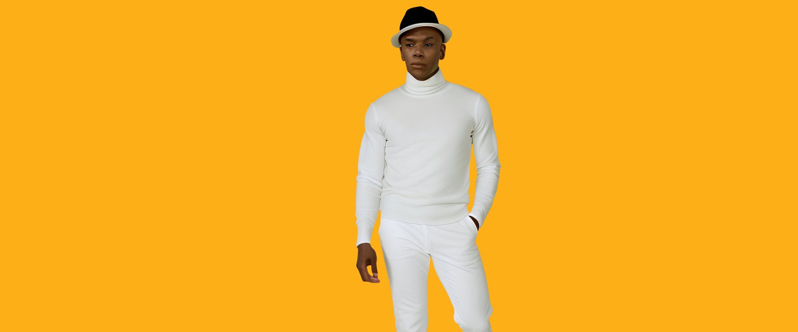 Ludwing Music in a white outfit against an orange background